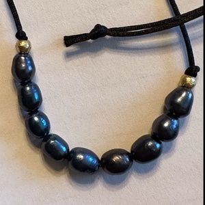 ARTISAN Black Freshwater Pearls on Black Satin nylon cord Necklace 25” long